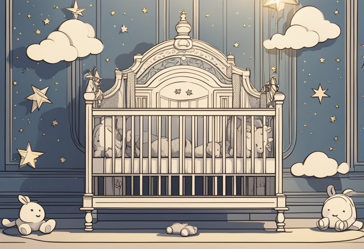 A crib with the name "Diana" engraved on the headboard, surrounded by soft toys and a mobile with stars and moons