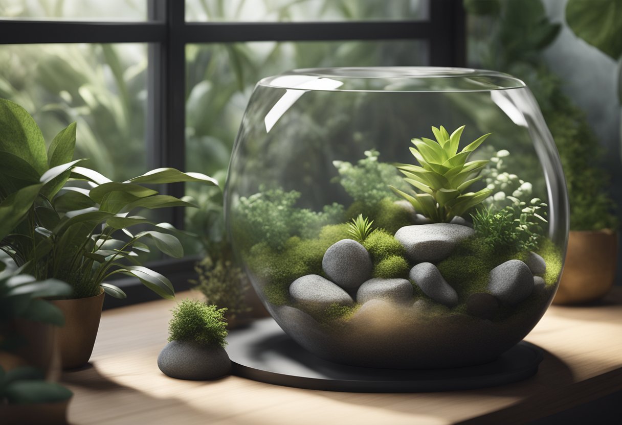 A terrarium with moist substrate, rocks, and plants. A small water feature, hiding spots, and climbing branches. Temperature and humidity gauges