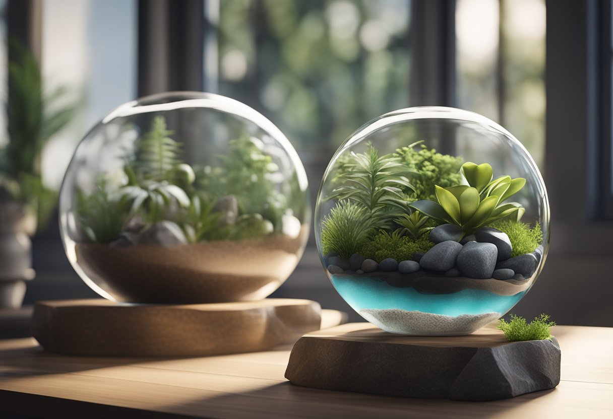 A glass terrarium sits on a wooden table. Inside, small plants, rocks, and a small water feature create a natural and serene environment