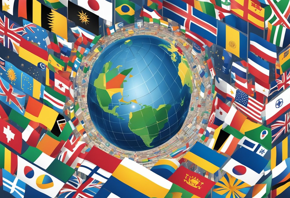 A globe with "Diana" written in various languages, surrounded by diverse flags and cultural symbols