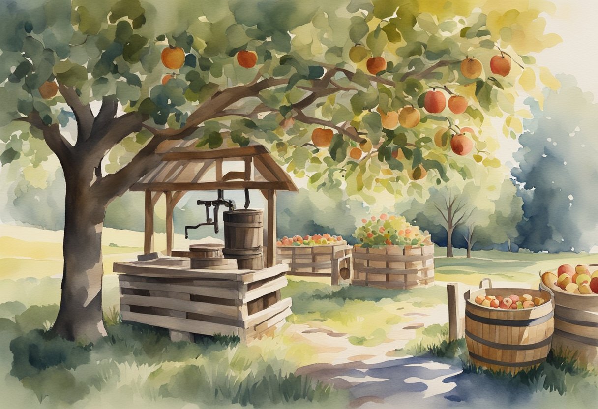 A rustic wooden cider press sits in a sun-dappled orchard, surrounded by baskets of ripe apples and a small stream flowing nearby