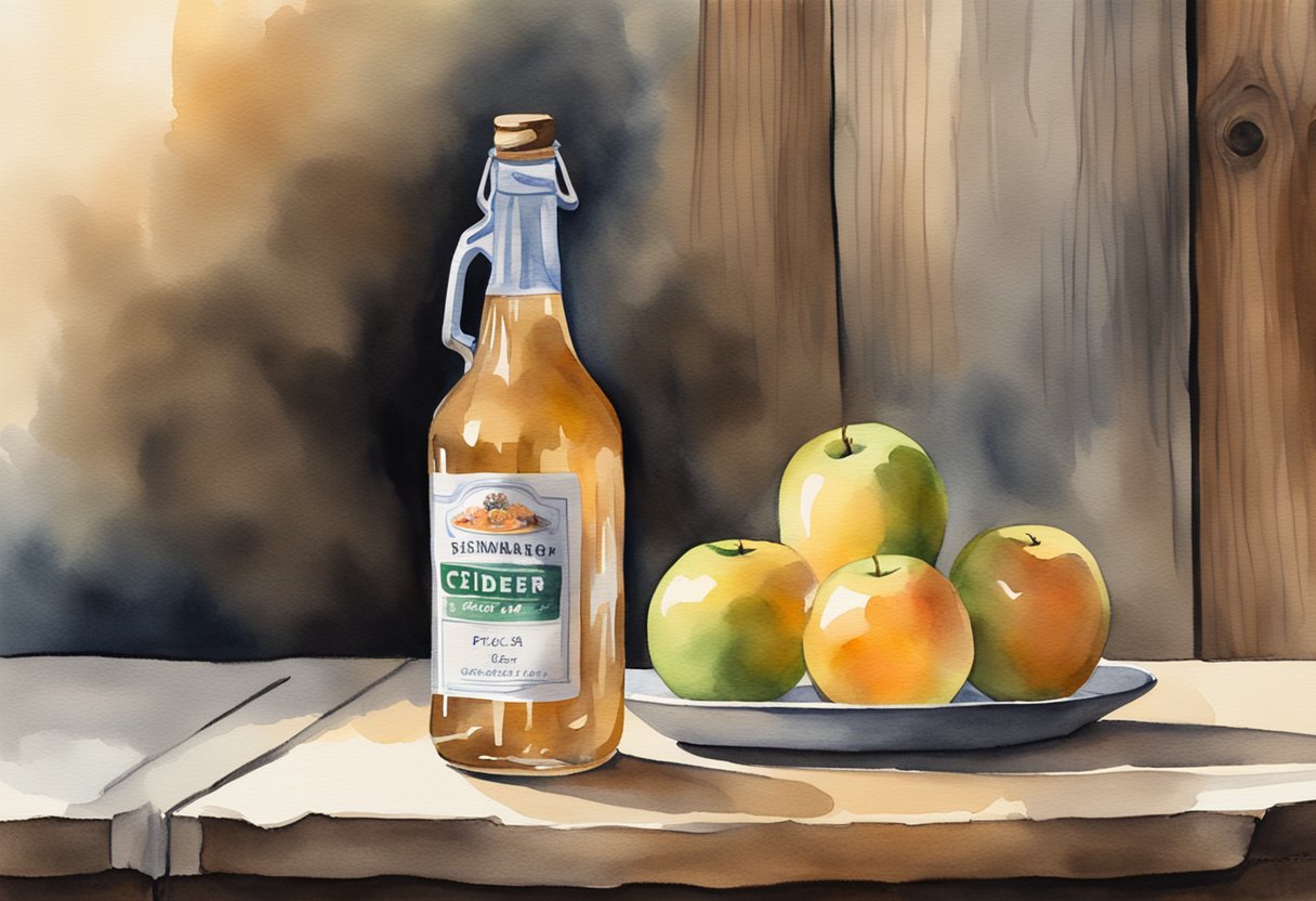 A bottle of cider sits on a rustic wooden table with a price tag next to it, emphasizing its value and legitimacy