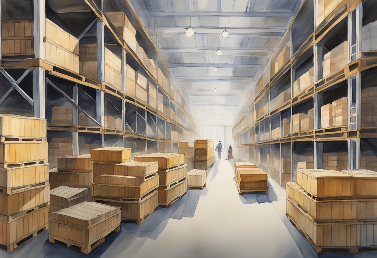 A bustling warehouse with stacks of cider crates labeled "Shipping and Returns."