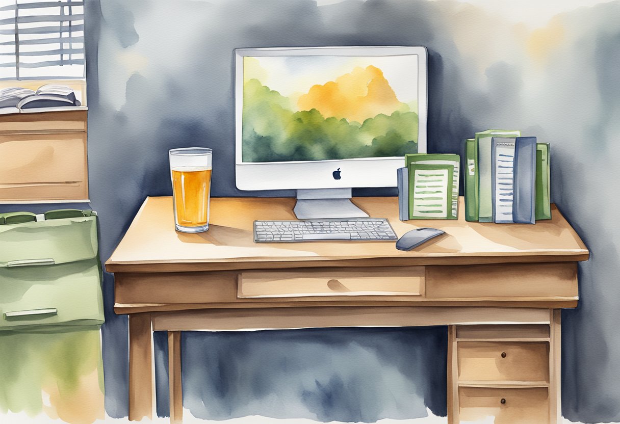 An office desk with a computer, notebook, and pen. A poster on the wall with the words "Evaluating Ethical Practices" and a glass of cider