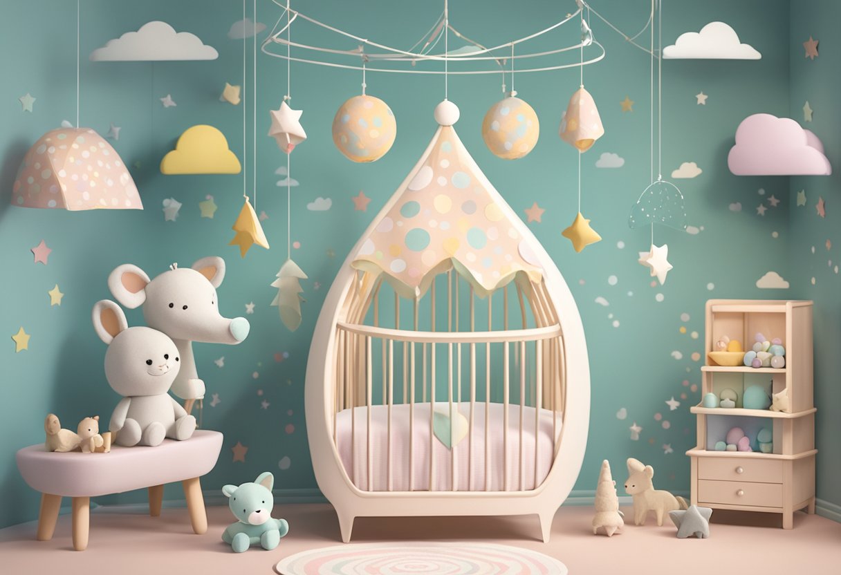 A baby mobile with the name "Dottie" hanging above a crib, surrounded by soft pastel colors and whimsical animal shapes