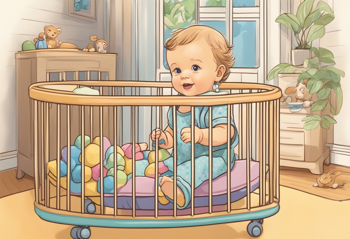 A baby named Dorothy playing with a colorful mobile in her crib