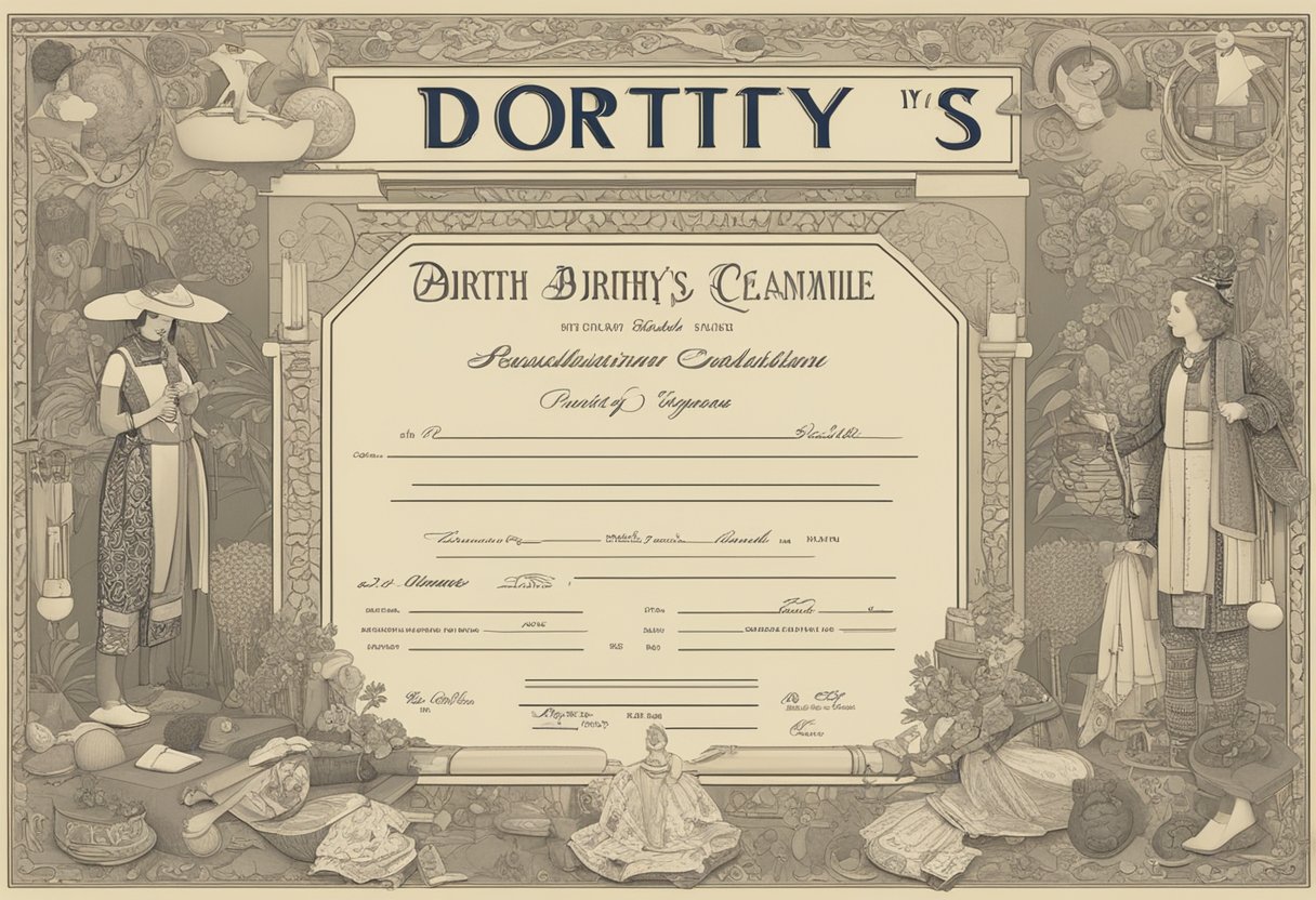 Dorothy's name on a birth certificate, surrounded by diverse cultural symbols and icons
