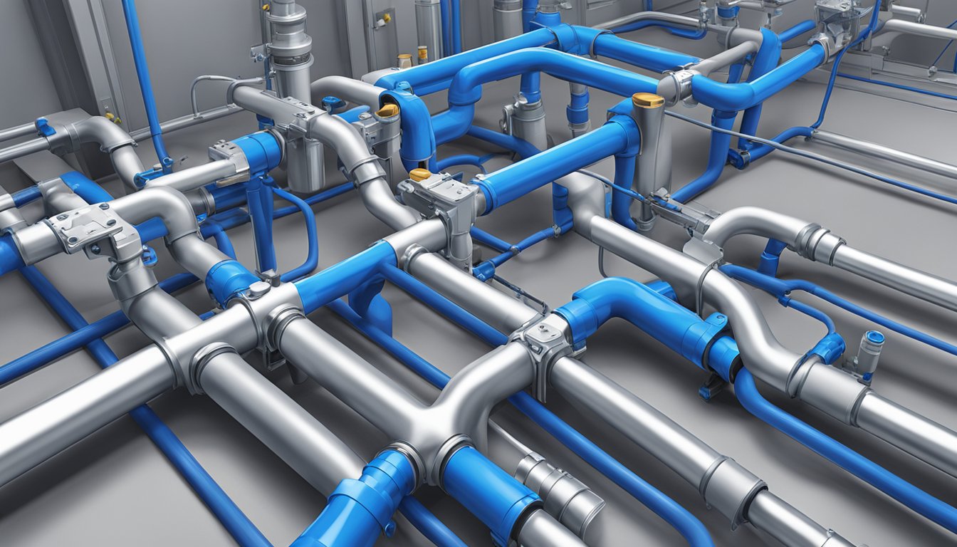Poly B Pipes & Poly B Plumbing: A network of blue pipes running through a residential or commercial building, connecting to fixtures and appliances
