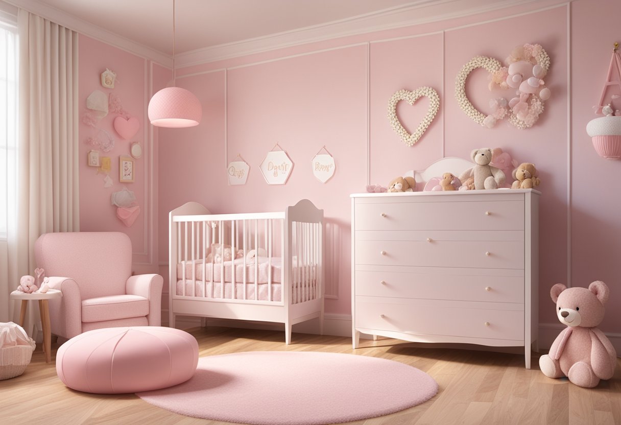 A baby's name, "Dorothy," is written in delicate cursive on a pink and white nursery wall, surrounded by soft, pastel-colored decorations and toys