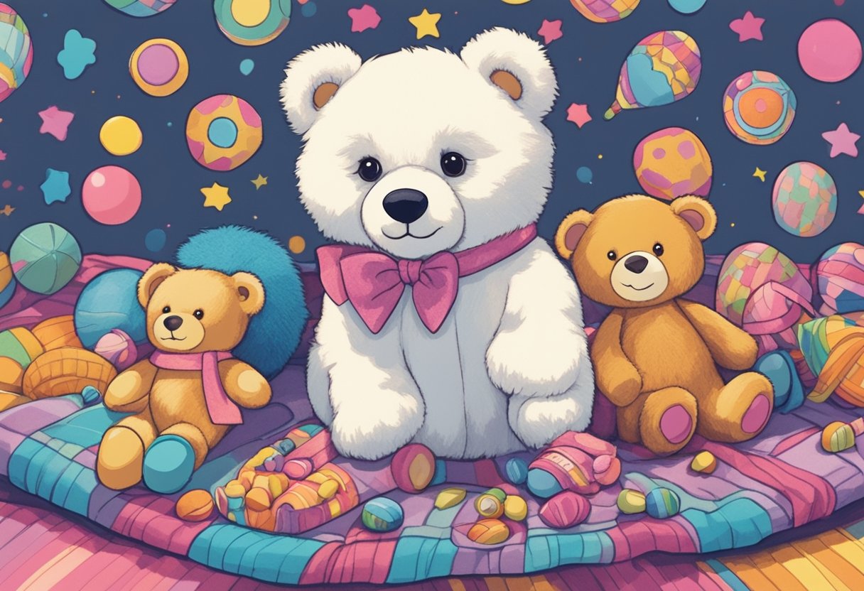 A small, fluffy toy named Dolly sits on a colorful blanket, surrounded by a few scattered toys and a teddy bear