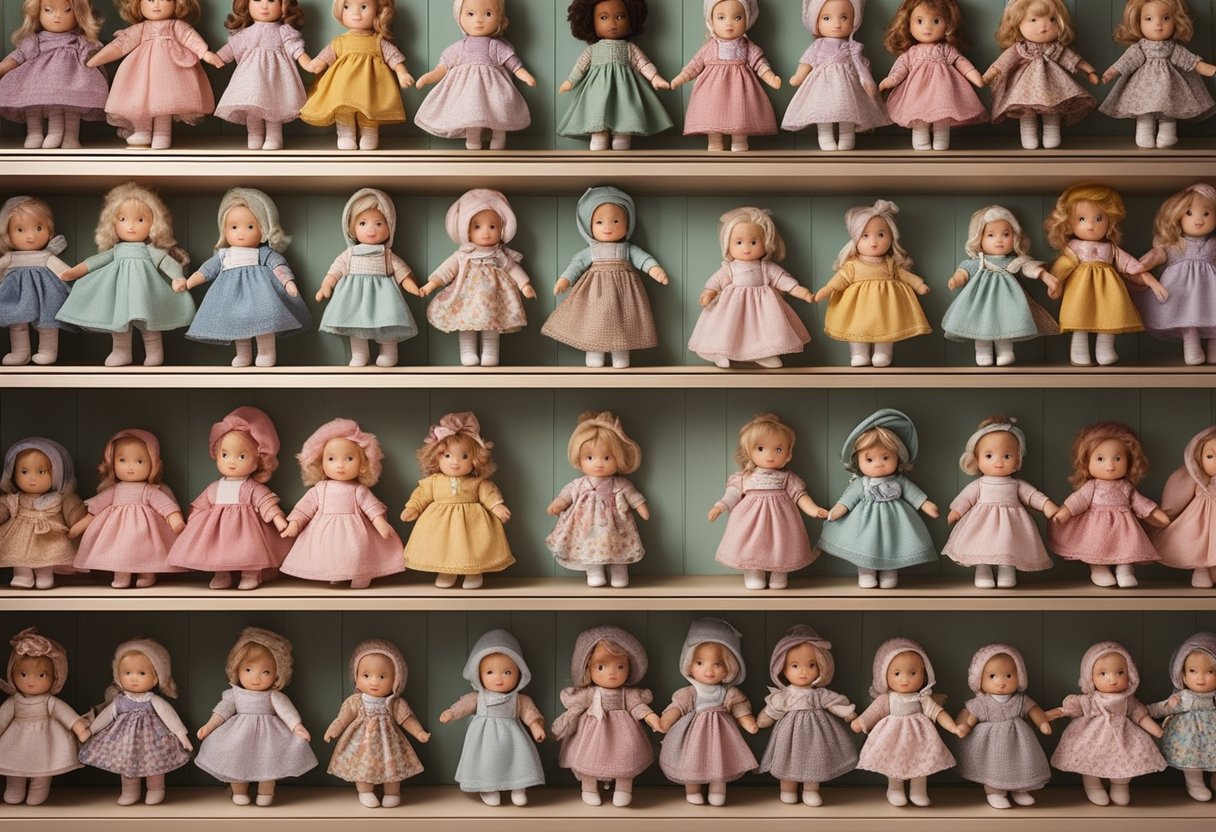 A row of baby dolls lined up on shelves, each with a name tag reading "Dolly." Surrounding them are posters and merchandise featuring the popular name