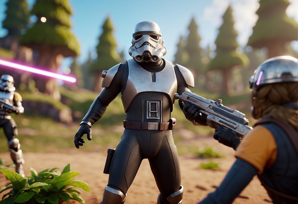 Fortnite characters and Star Wars elements merge in a dynamic battle scene