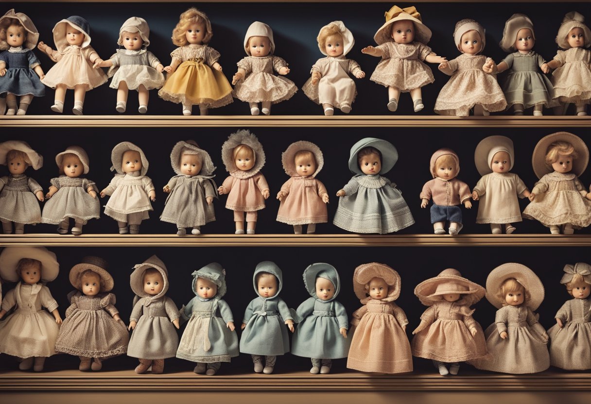 A collection of vintage baby dolls, ranging from the early 1900s to present day, displayed on a shelf