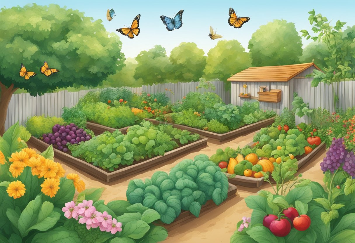 A lush garden with a variety of fruits, vegetables, and herbs growing in harmony. Bees and butterflies flit among the plants, while compost bins and natural pest control methods are visible