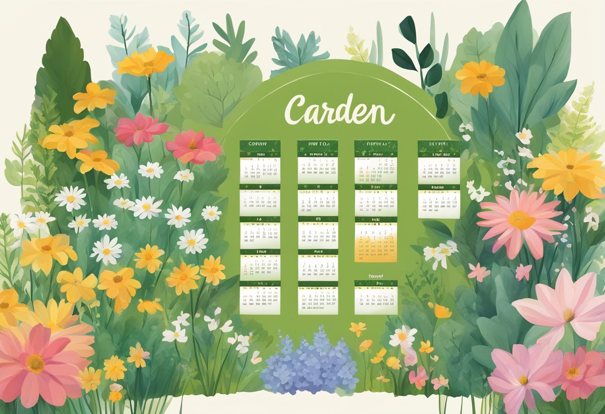 A garden calendar with seasonal planting dates, surrounded by blooming flowers and lush greenery