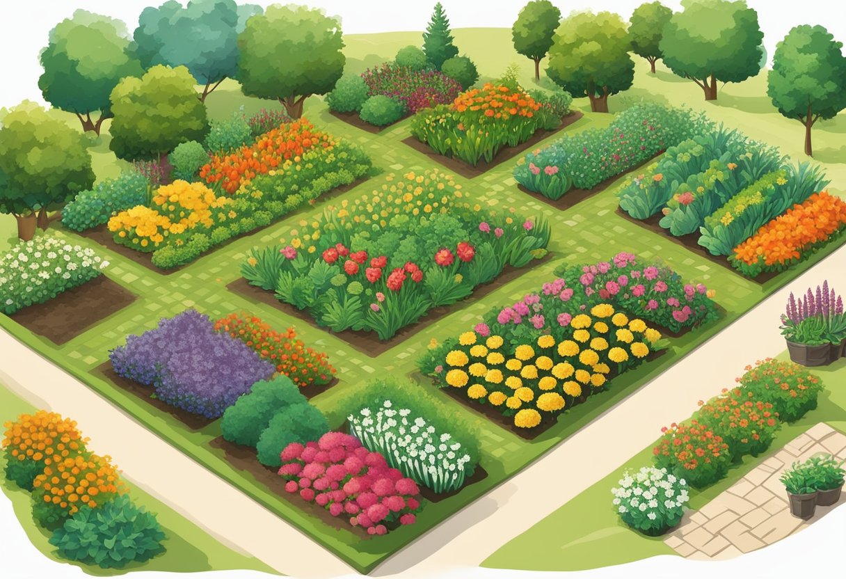 A colorful garden with blooming flowers, lush greenery, and seasonal vegetables planted in designated areas. A calendar with clear dates and symbols indicating the best times to plant and harvest