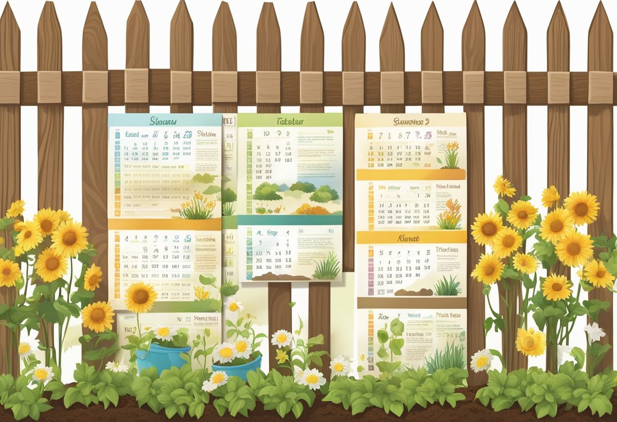 A garden calendar hangs on a wooden fence, surrounded by freshly tilled soil and various seed packets. The sun shines brightly, indicating the start of the spring planting season