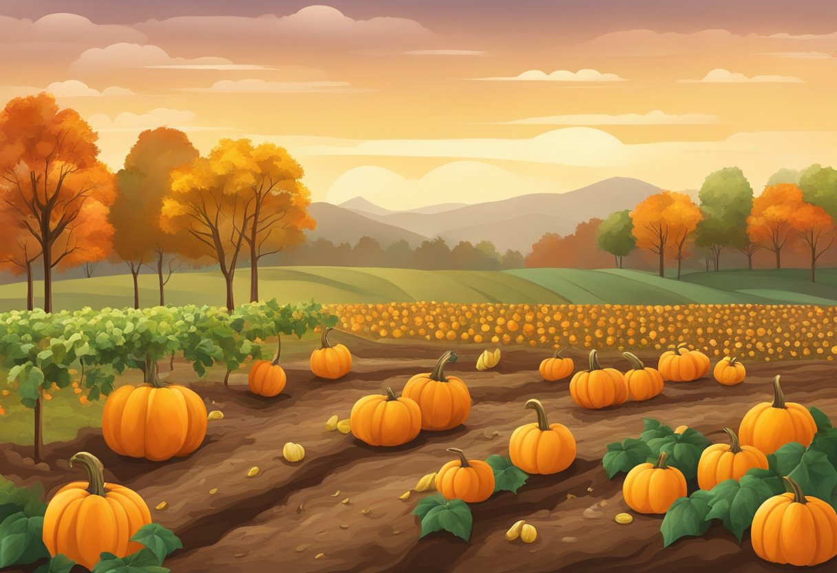 Vibrant autumn scene with ripe pumpkins, colorful gourds, and freshly planted seeds in rich soil. Trees shedding leaves in the background