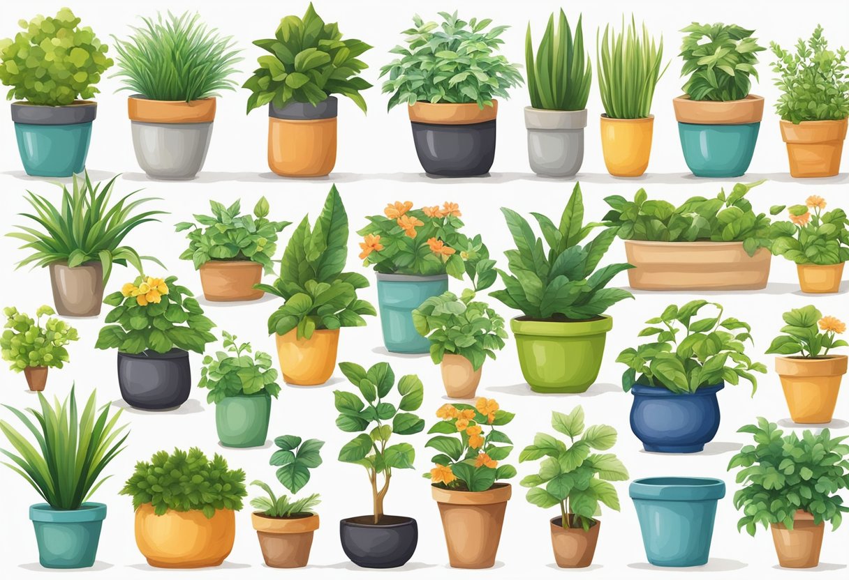 A variety of colorful and easy-to-care-for plants are displayed in pots and containers, with helpful labels indicating their suitability for outdoor gardening beginners