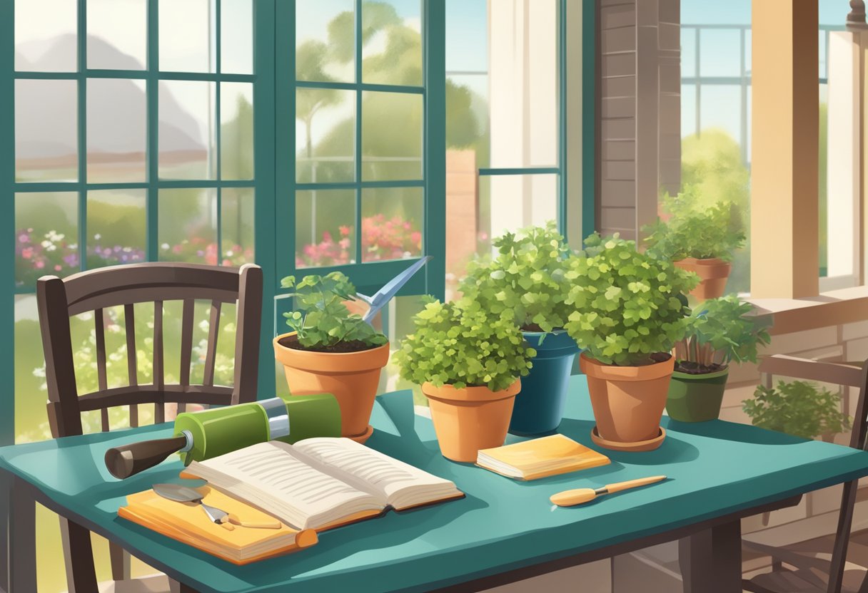 A table with gardening tools, potted plants, and a gardening book on a sunny outdoor patio