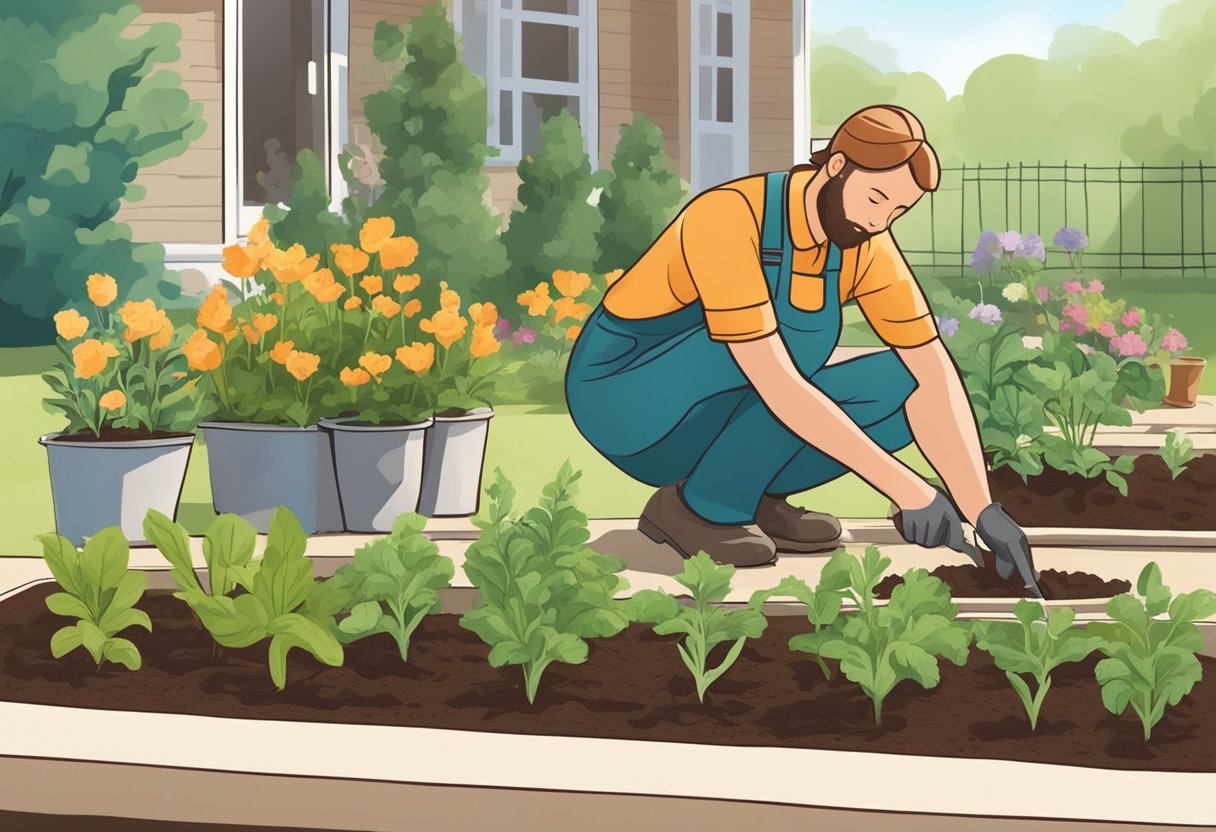 A gardener carefully plants beginner-friendly outdoor plants in a sunny garden bed. Soil is tilled, holes are dug, and seedlings are gently placed in the ground