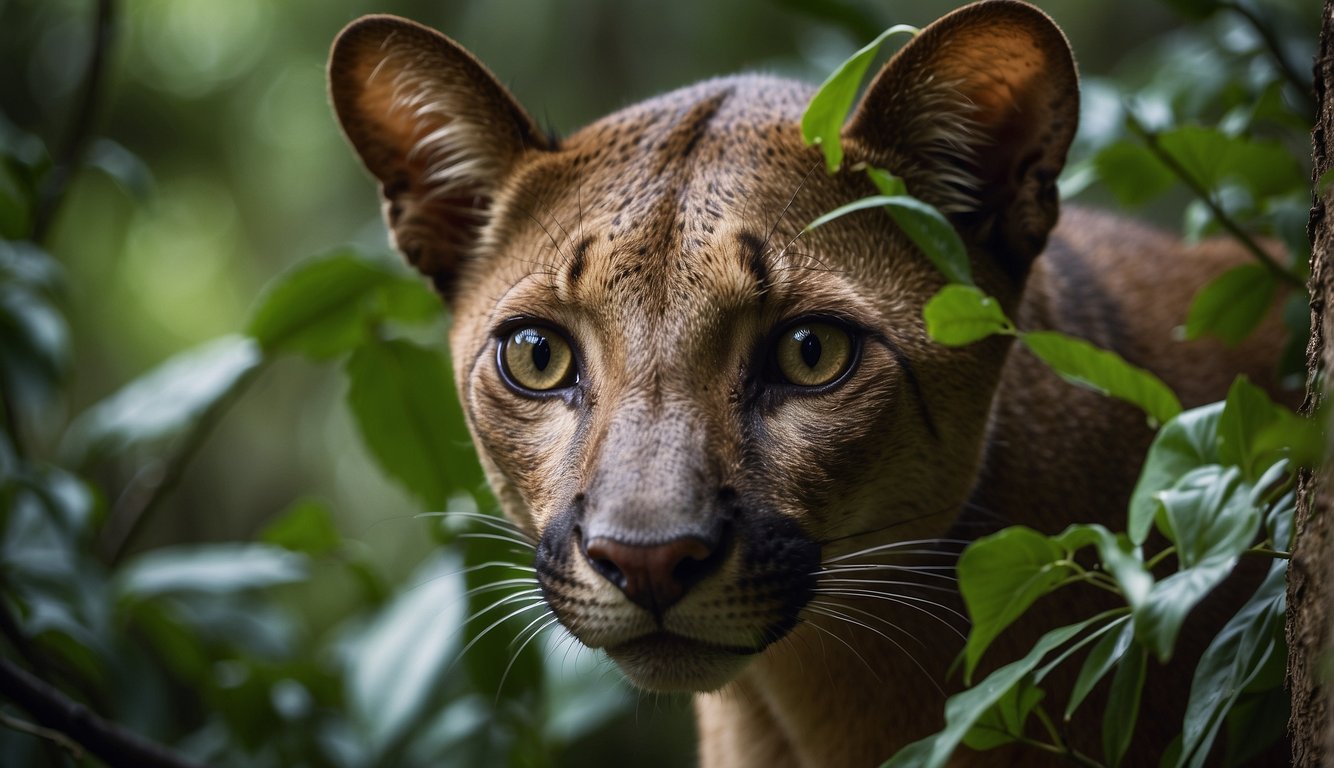 The Fossa prowls through the dense, lush forests of Madagascar, its sleek body moving stealthily among the tangled vines and vibrant foliage.

Its sharp eyes scan the treetops for any sign of its elusive prey, embodying the mystery of Madagascar