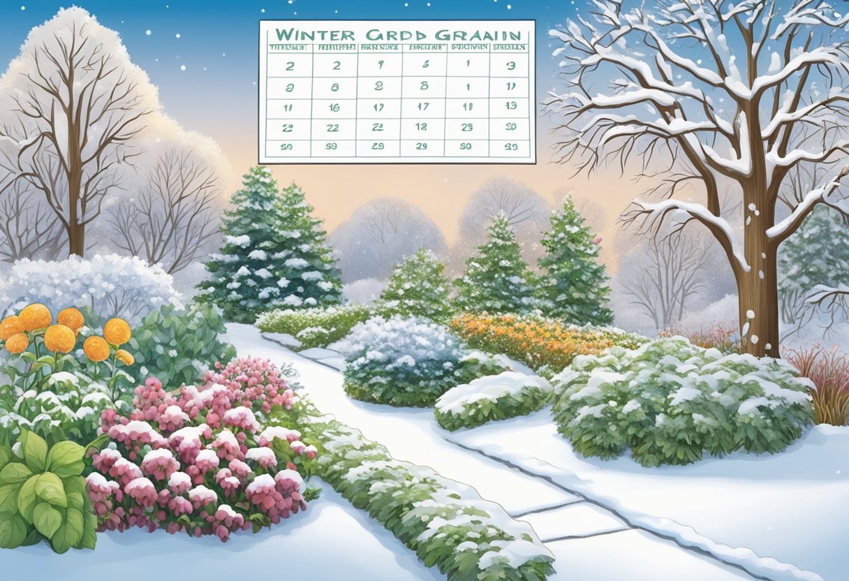 A snow-covered garden with a calendar showing "Winter Garden Planning" and a focus on "When to Plant" for organic gardening