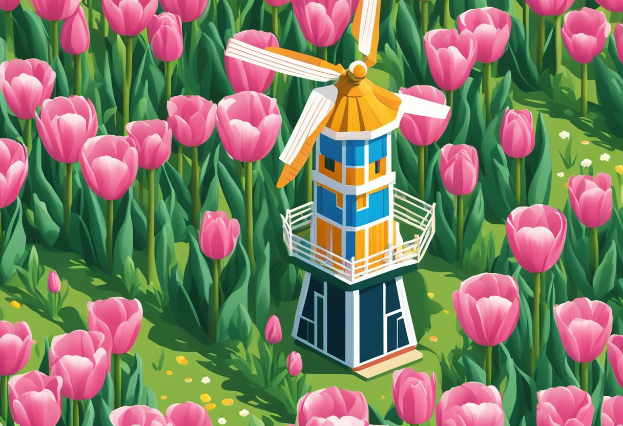 A windmill stands tall in a field of vibrant tulips, with a sign reading "Dutch Names" in bold letters