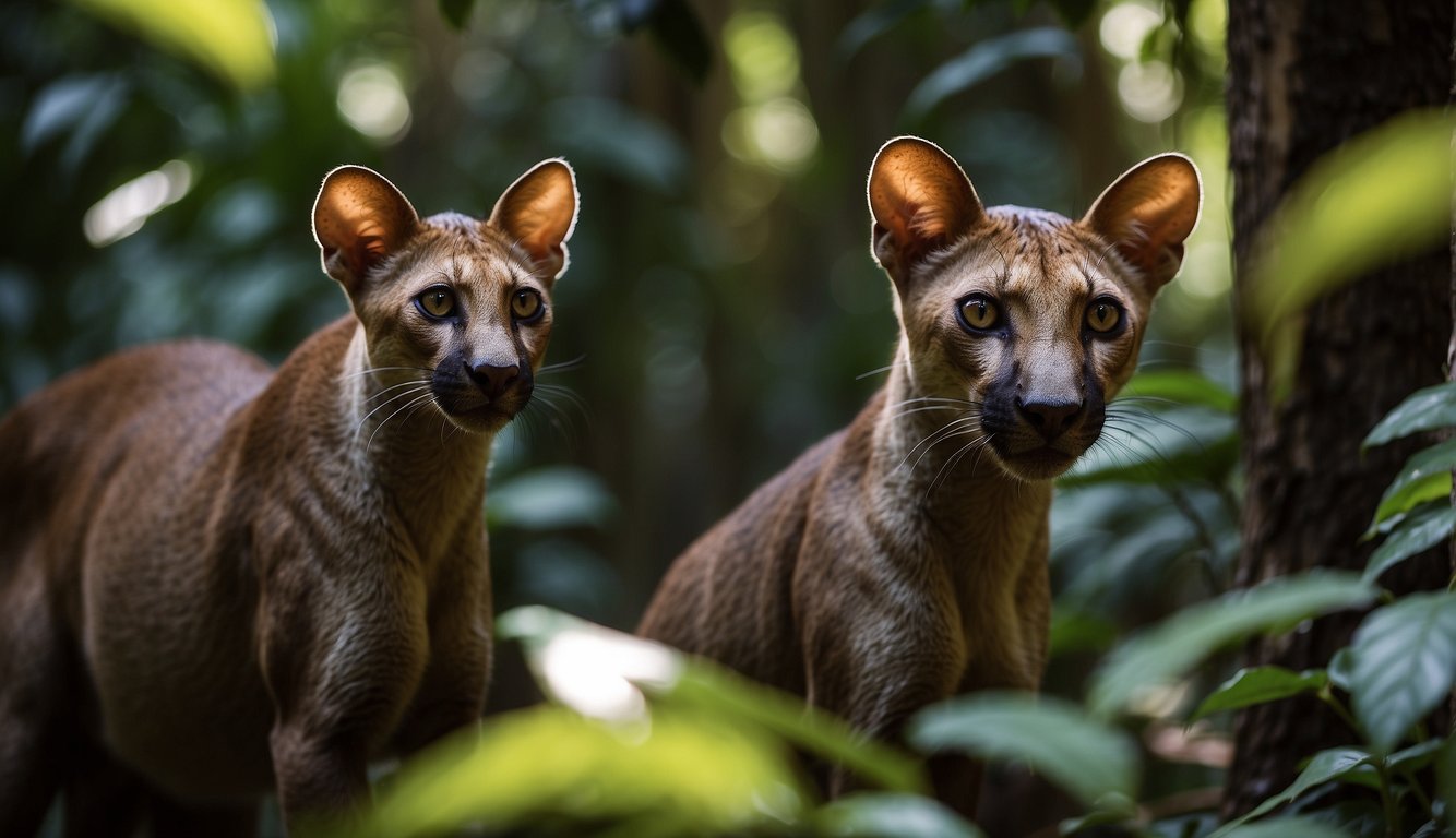 In the dense, tropical forest of Madagascar, the Fossa prowls through the tangled vines and lush foliage, its piercing eyes scanning for prey.

The sunlight filters through the canopy, casting dappled shadows on the forest floor