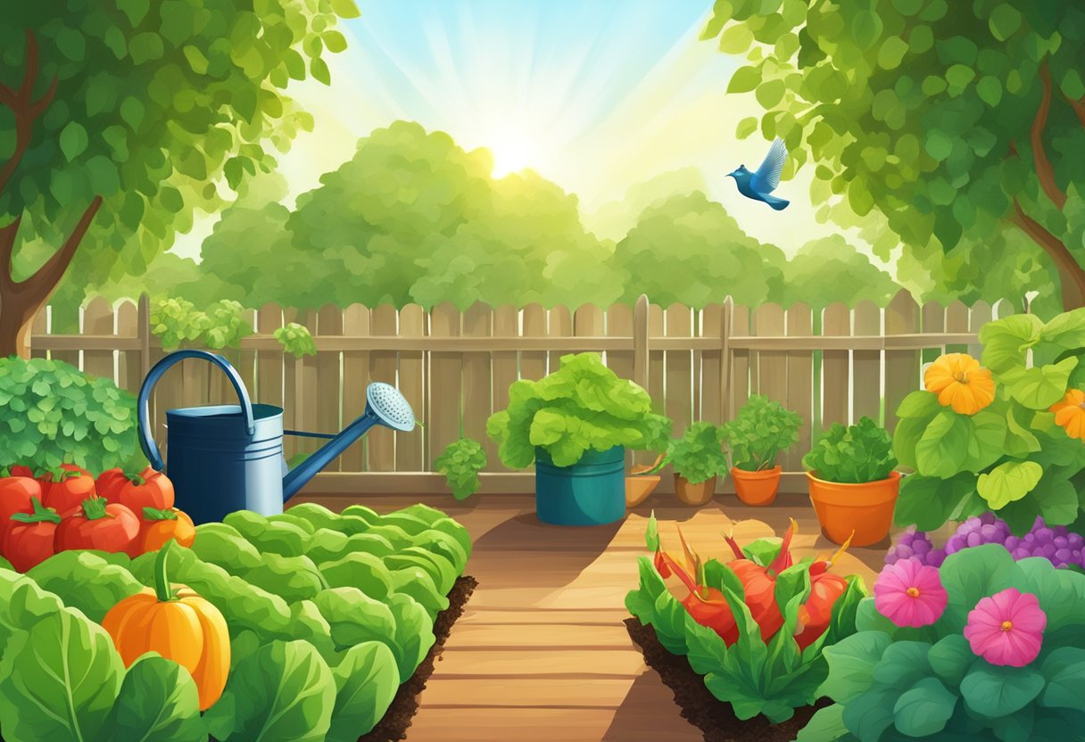 Lush green garden with rows of vibrant vegetables, compost bin, and watering can. Sunlight filters through the leaves, birds chirp in the background