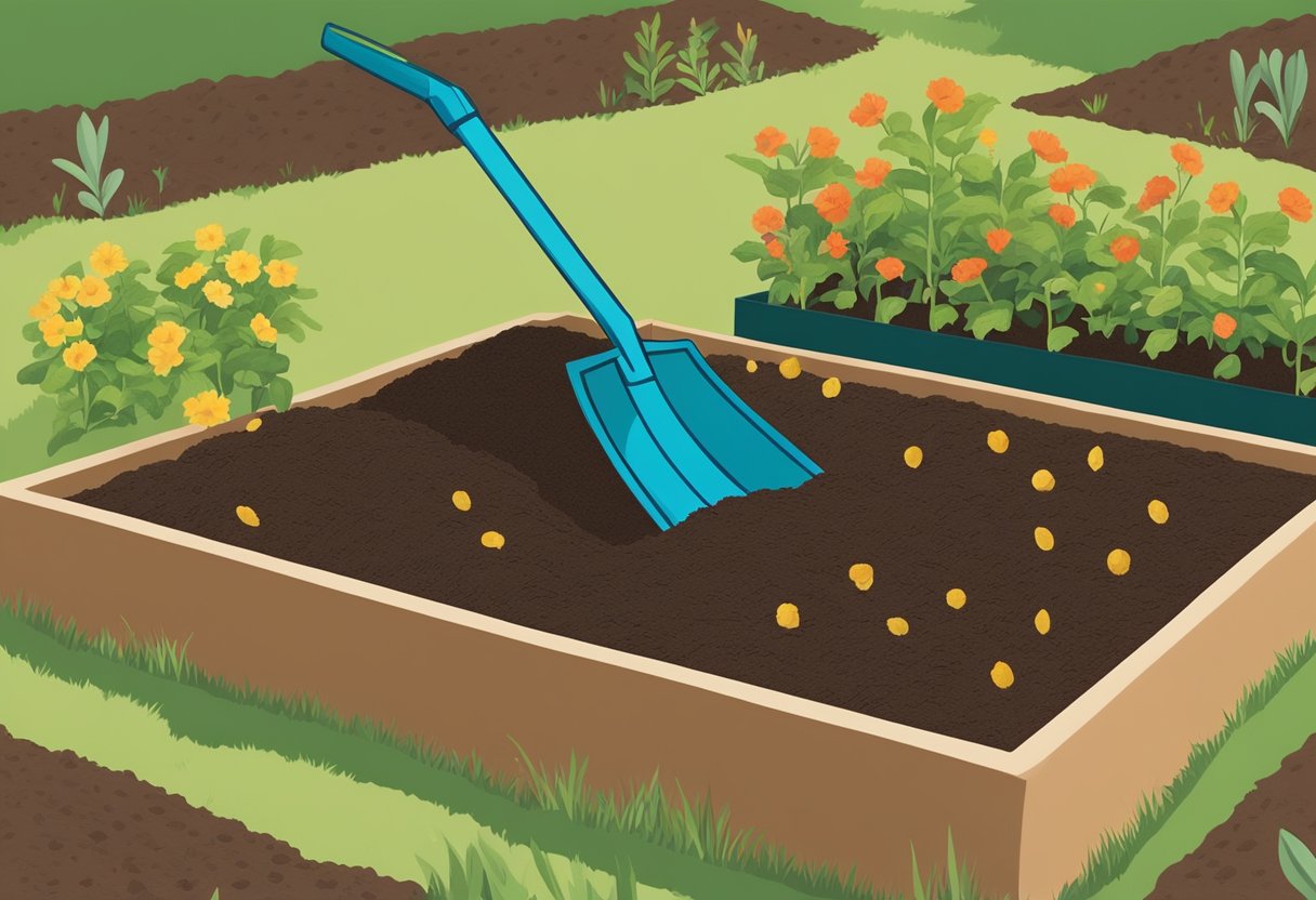 Soil being turned with a shovel, compost being added, and seeds being planted in neat rows in a raised garden bed