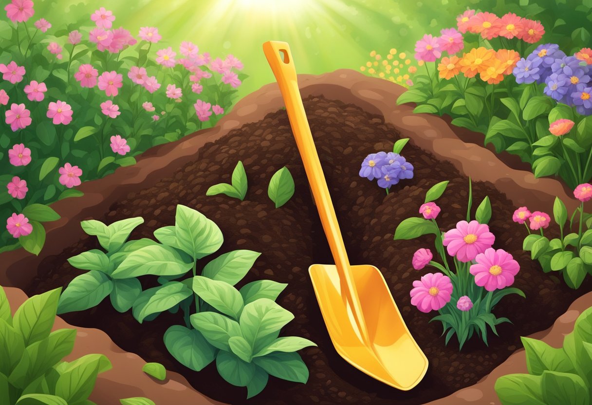 A shovel digs into rich soil, planting seeds in neat rows. Sunlight streams down on the garden, surrounded by lush greenery and blooming flowers