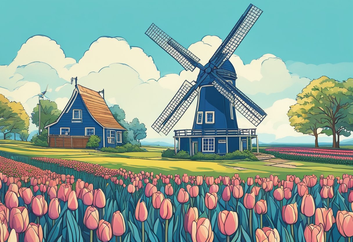 A windmill stands tall in a field of vibrant tulips, with a clear blue sky overhead. A wooden signpost nearby displays Dutch names inspired by notable figures