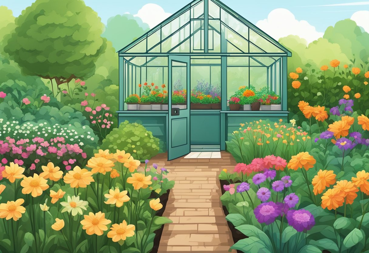 A lush garden with rows of vibrant, pesticide-free plants and flowers, surrounded by healthy soil and compost bins. A small greenhouse and watering cans are nearby