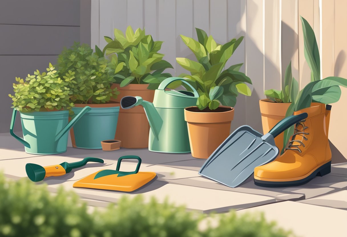 A trowel, pruners, gloves, watering can, and a kneeling pad lay on the ground next to a row of potted plants in a sunny garden