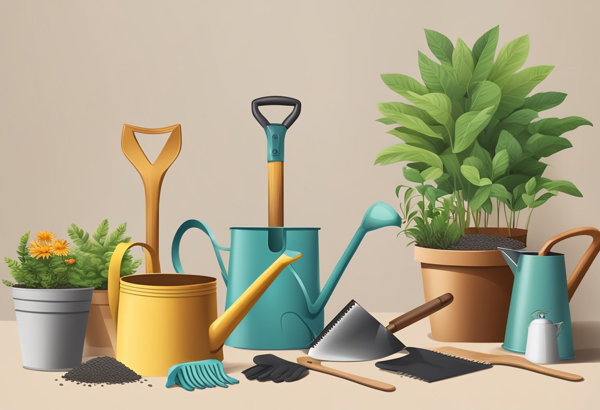 A shovel, rake, trowel, pruners, and gloves lay on the ground surrounded by potted plants and a watering can