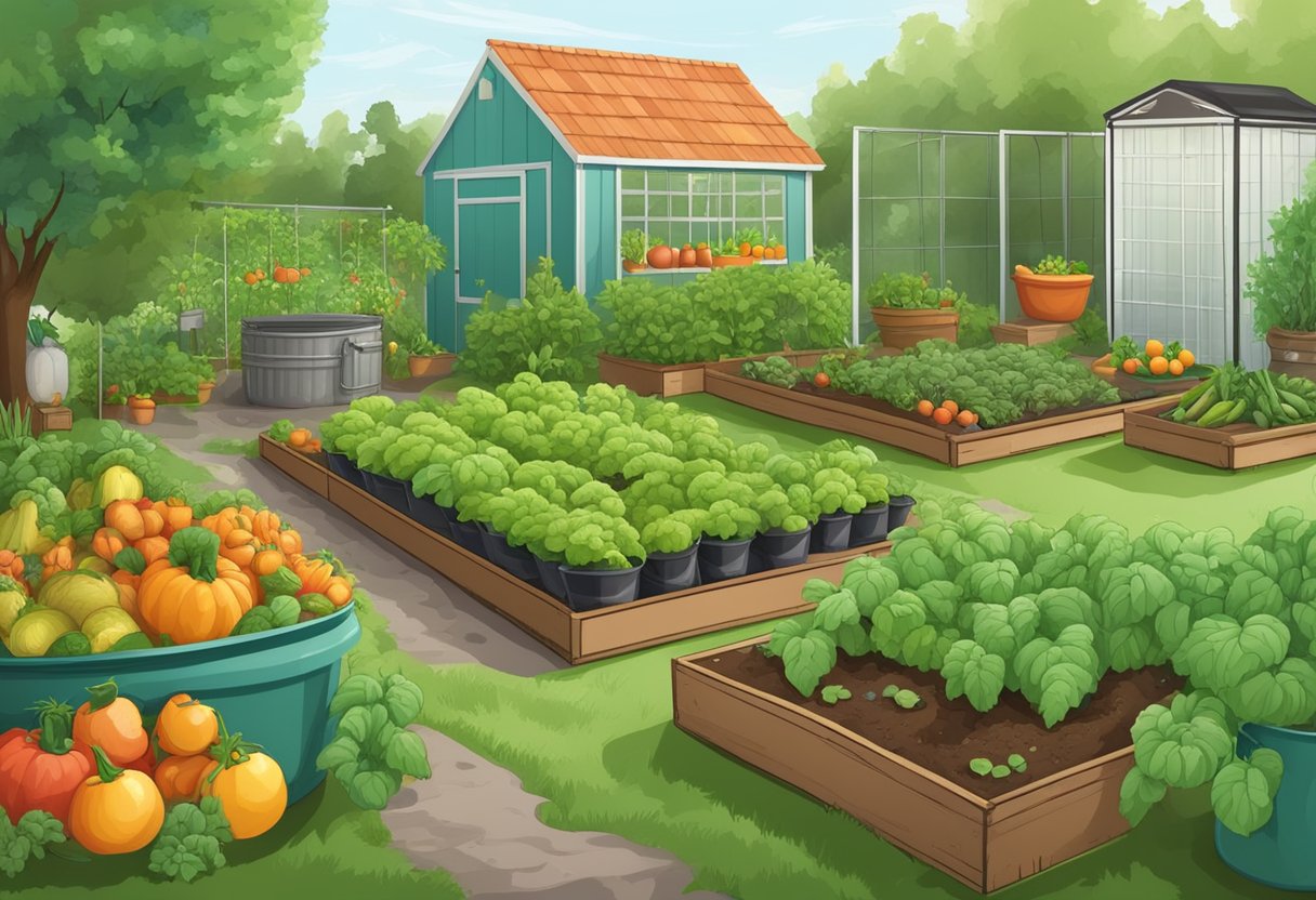 A lush garden with various vegetables and fruits being harvested, surrounded by compost bins and a rain barrel. A small greenhouse in the background