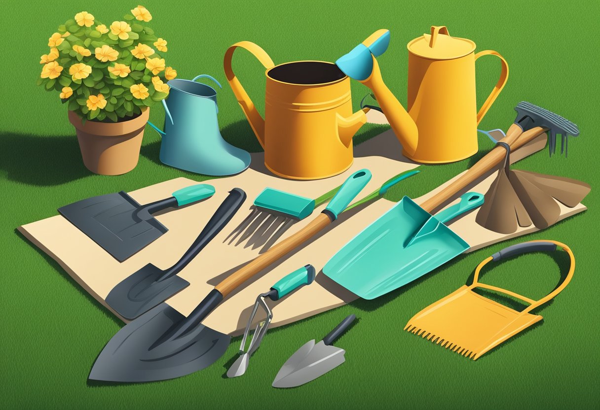 A scene of essential gardening tools laid out on a grassy surface with a shovel, rake, watering can, gloves, and potted plants