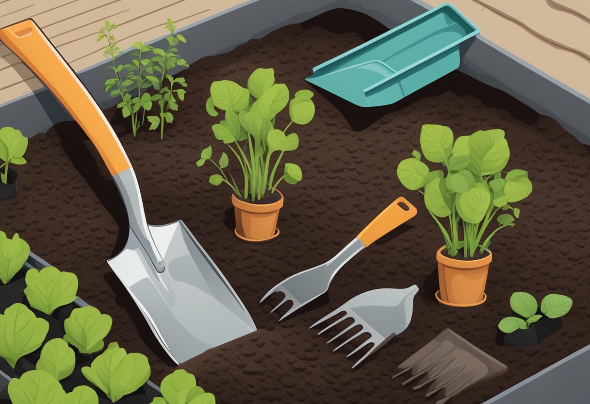 A shovel, rake, hoe, and trowel lay on the ground next to a bag of potting soil and a tray of seedlings