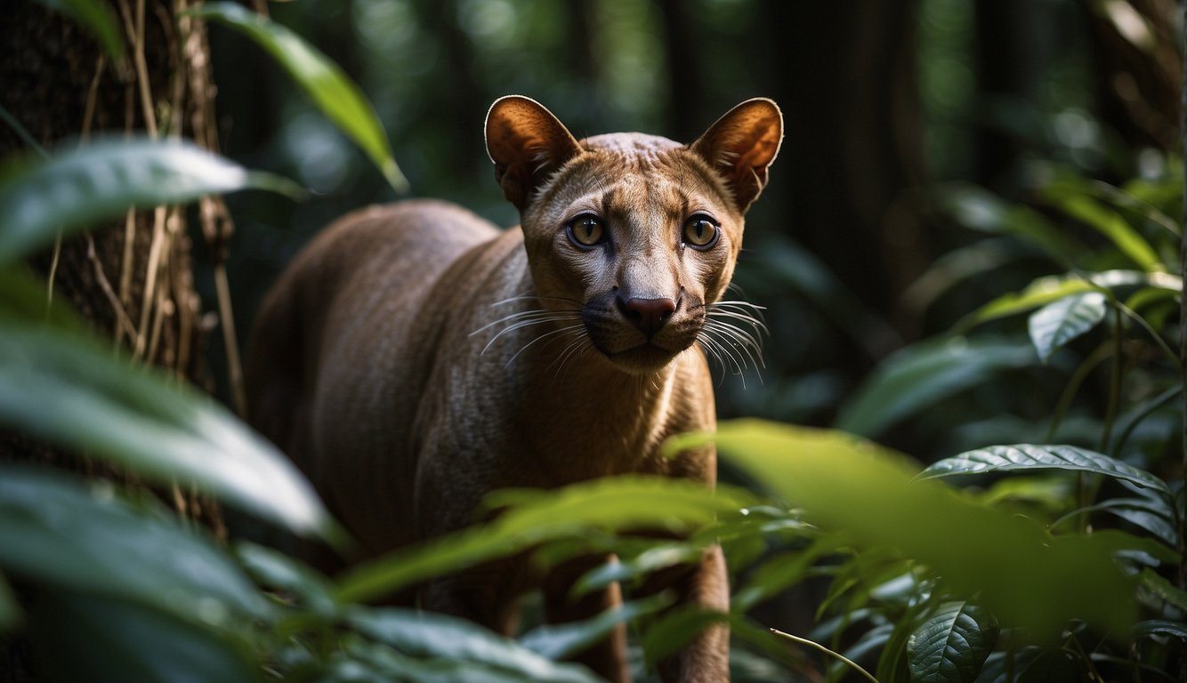 A Fossa stealthily stalks through the lush, tangled undergrowth of the Madagascar rainforest, its keen eyes scanning for prey.

The dappled sunlight filters through the dense foliage, casting a warm glow on the sleek, muscular body of the
