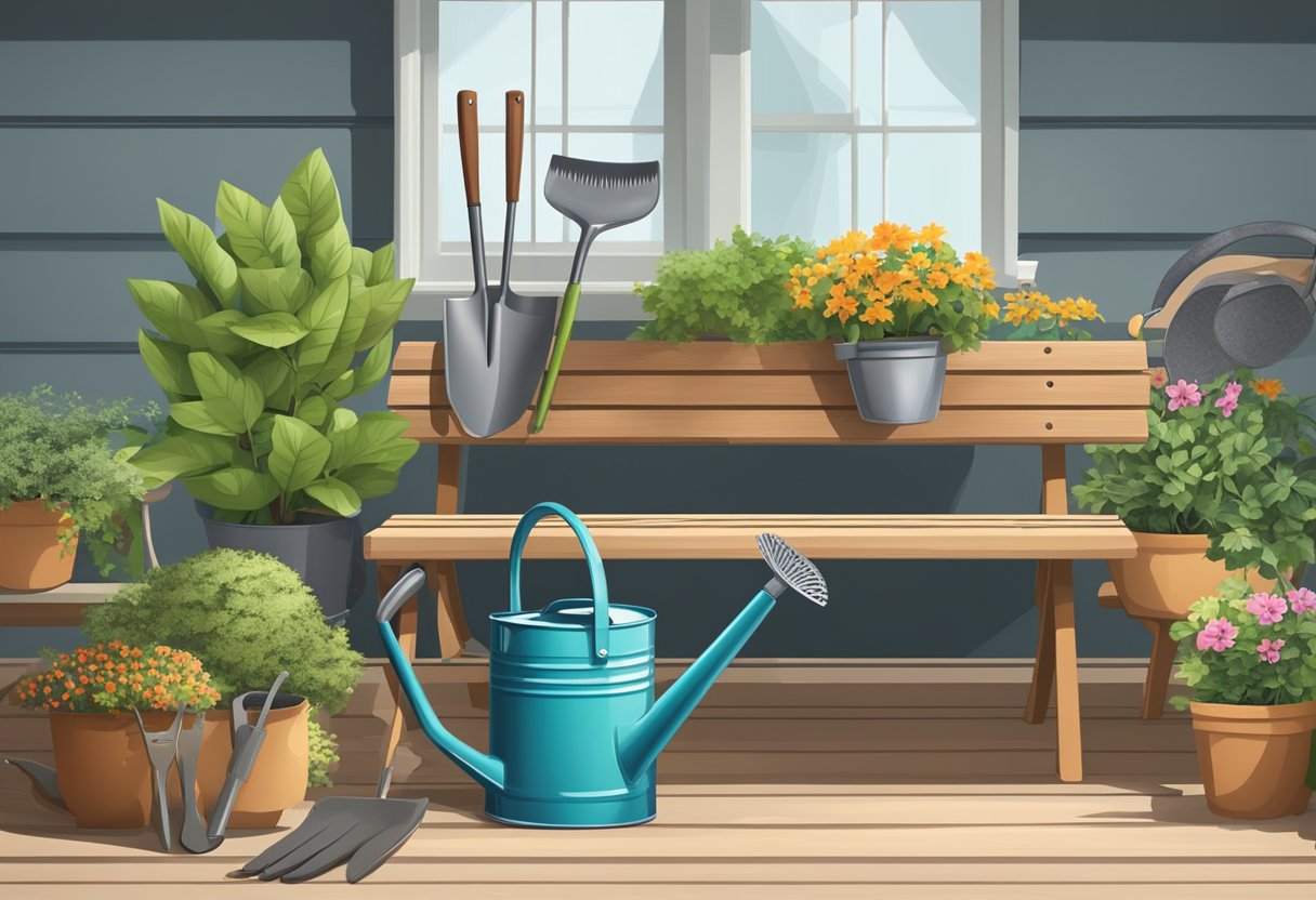 A shovel, rake, trowel, and pruners lay on a garden bench amidst potted plants and bags of soil. A watering can and gloves hang from a nearby hook