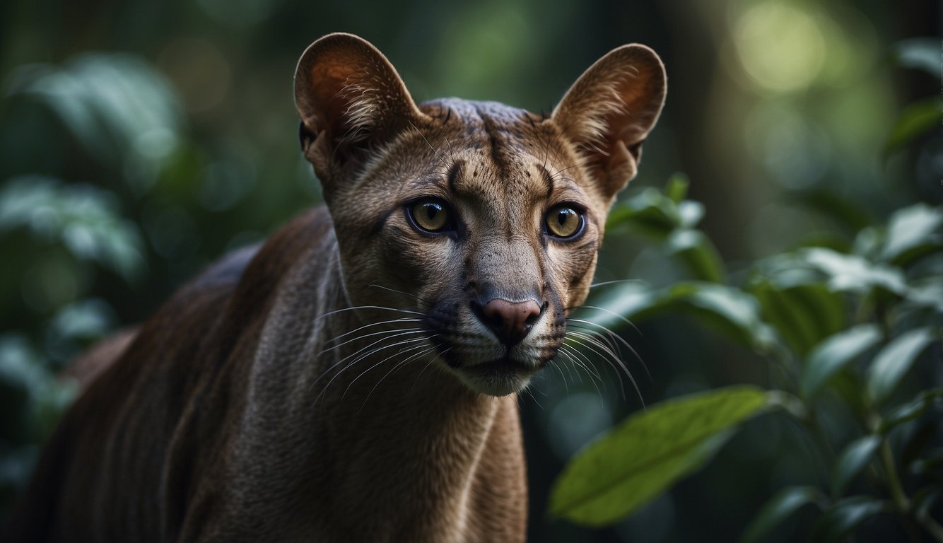 The Fossa prowls through the dense jungle, its sleek body moving with grace and agility.

Its sharp eyes scan the surroundings, exuding an air of mystery and intrigue