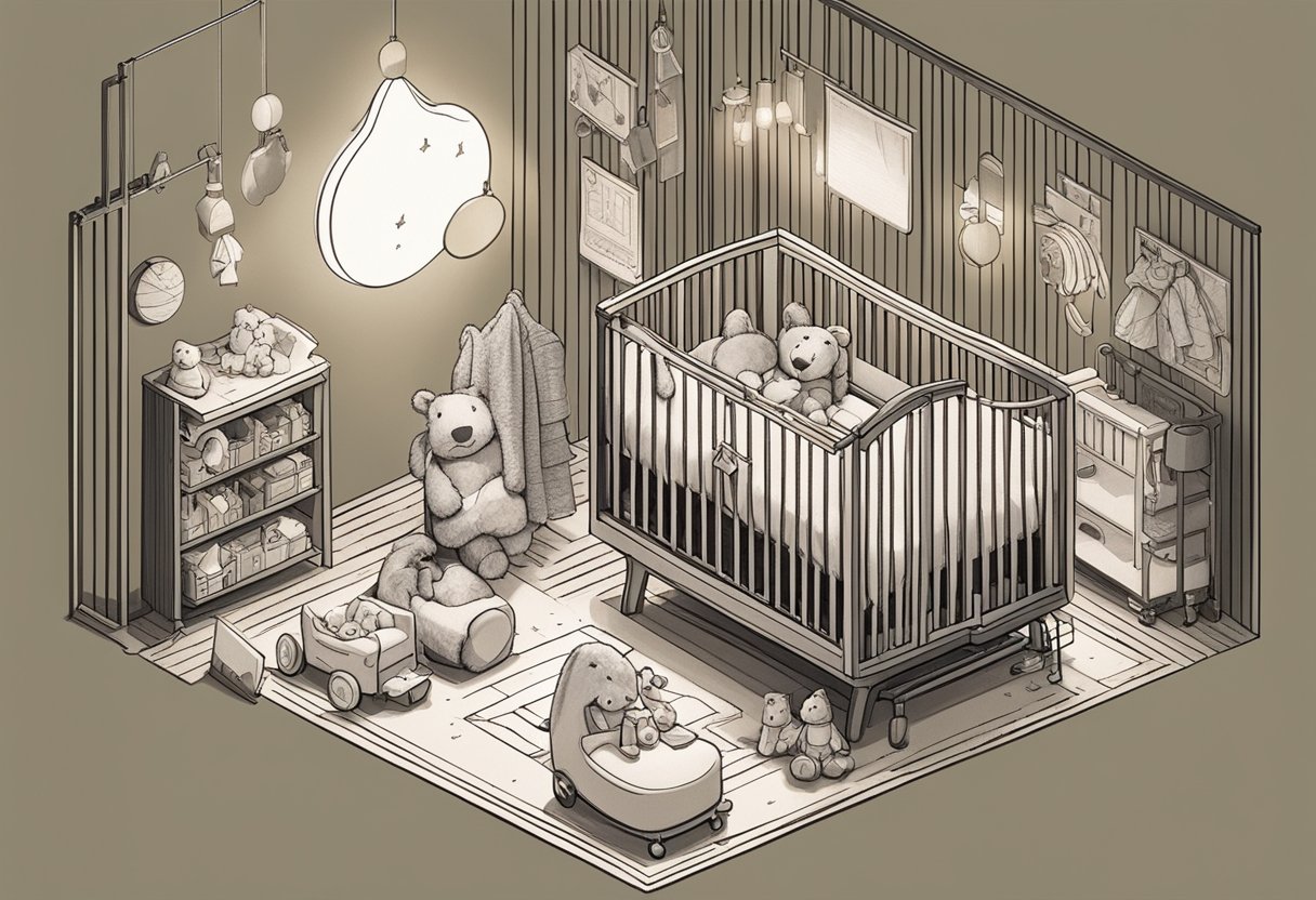 A crib with the name "Edison" on a soft blanket, surrounded by toys and a mobile