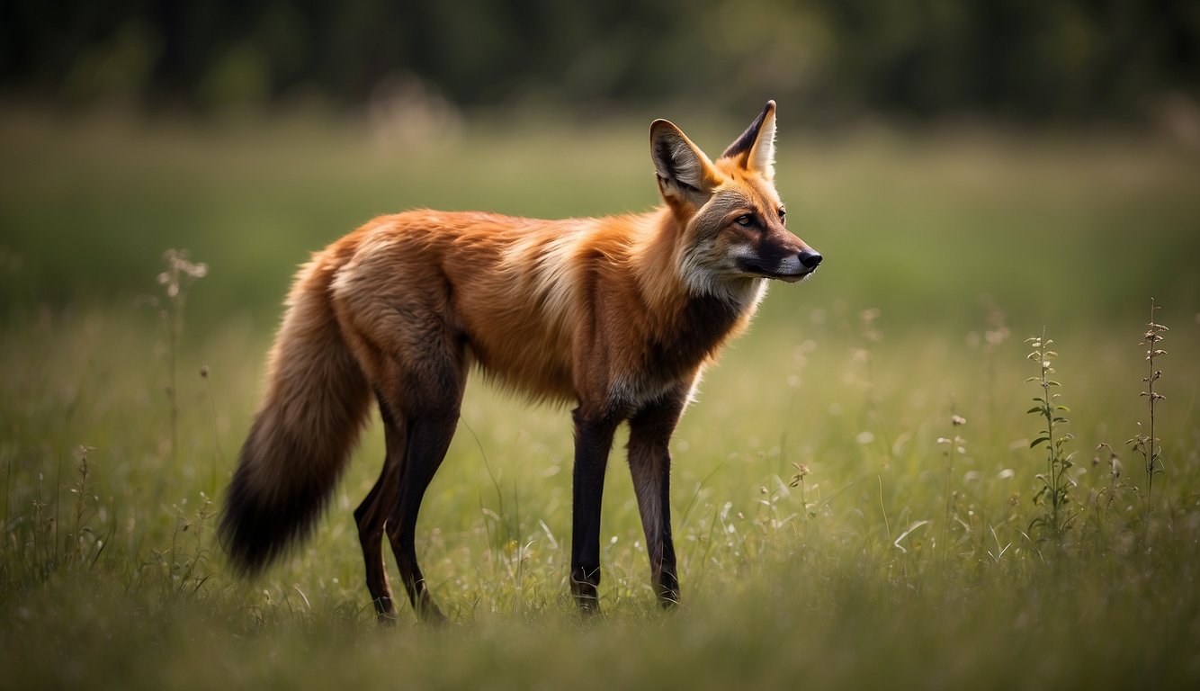 A Maned Wolf stands tall in the grassy savanna, its red fur glowing in the sunlight.

Its long legs and pointed ears give it an elegant and regal appearance as it surveys its surroundings