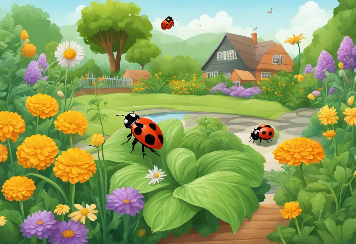 A garden with natural predators like ladybugs, birds, and frogs controlling pests. Also, plants with strong scents like marigolds and garlic repelling insects