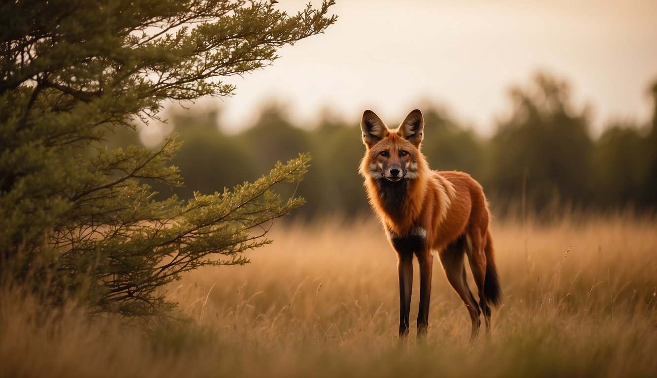 The maned wolf stands tall in the grassy savanna, its long legs and red fur blending into the golden landscape.

A distant forest provides a backdrop, with a few scattered trees reaching towards the sky