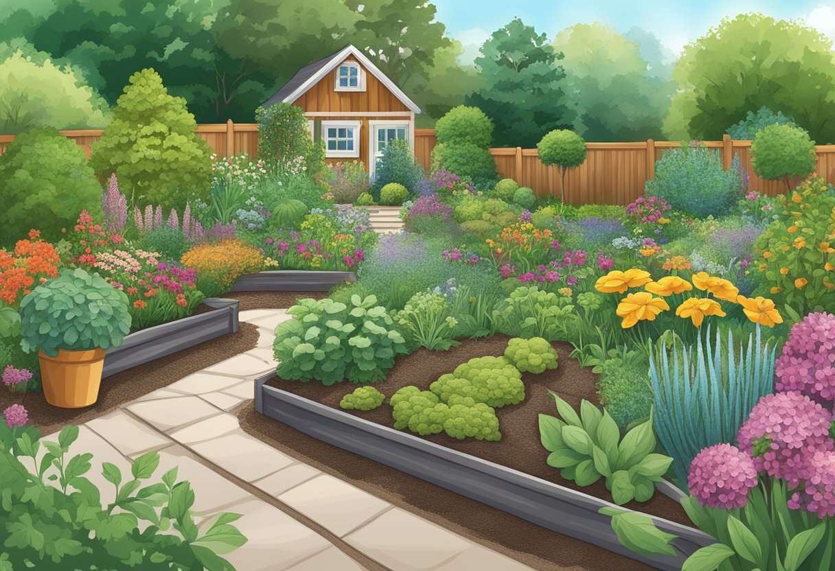 A garden with diverse plants and natural pest control methods like companion planting, mulching, and using beneficial insects