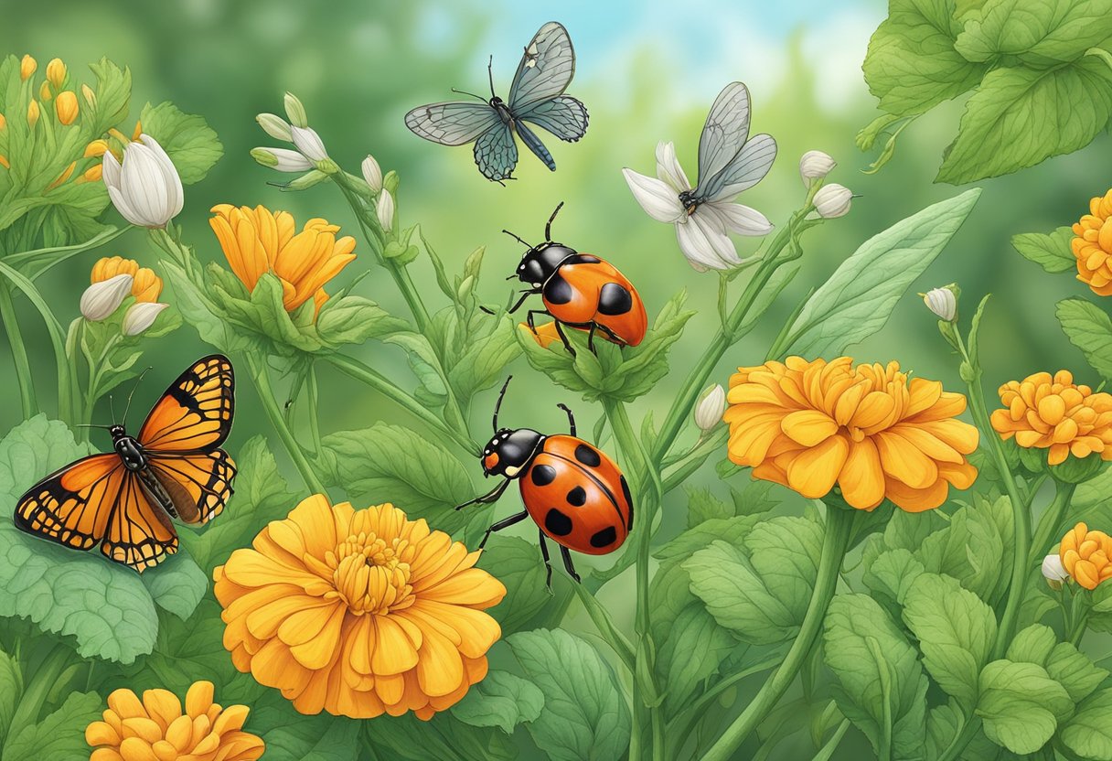 Plants surrounded by natural pest deterrents like marigolds, garlic, and mint. Ladybugs and praying mantises patrol the garden