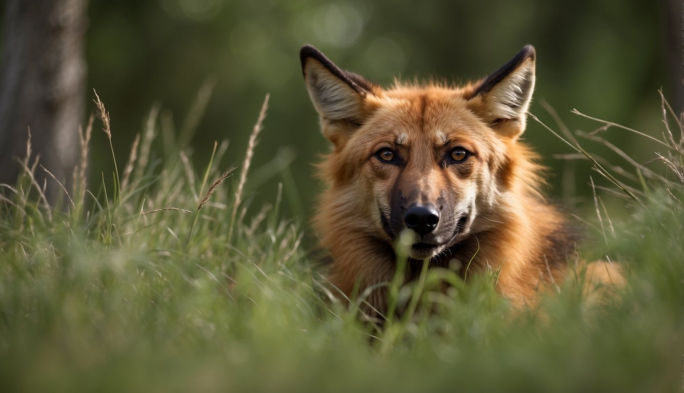 The maned wolf stalks through tall grass, its keen eyes focused on a small rodent scurrying nearby.

With a sudden burst of speed, it pounces and captures its prey with precision