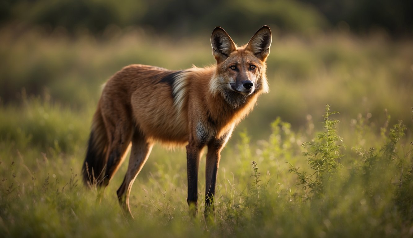 A maned wolf roams a grassy savanna, surrounded by native flora.

It gazes at a distant forest, highlighting the challenges of habitat fragmentation